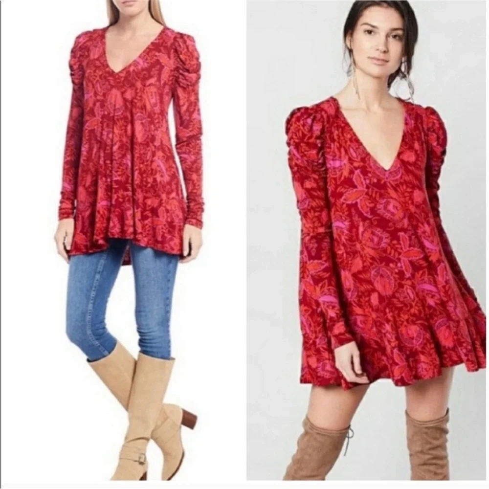 BOHO FREE PEOPLE HELLO LOVER V-NECK PUFF SLEEVE TUNIC DRESS FLOWY SILHOUETTE EUC